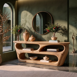 Modern Wooden Console Table with Open Shelves & Sculptural Organic Design TT006-5635