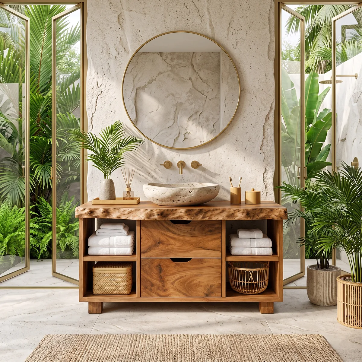 Freestanding Bathroom Vanity with Drawers & Open Shelves | Live Edge Wood Vanity Cabinet
