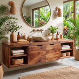Floating Solid Wood Bathroom Vanity | Wall Mounted Single Sink Vanity with Double-Door Cabinet & Open Shelves TT006-9KLL6LF