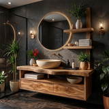 Floating Solid Wood Bathroom Vanity | Modern Bathroom Vanity with Double Drawers and Open Shelf TT006-7HIS6ML