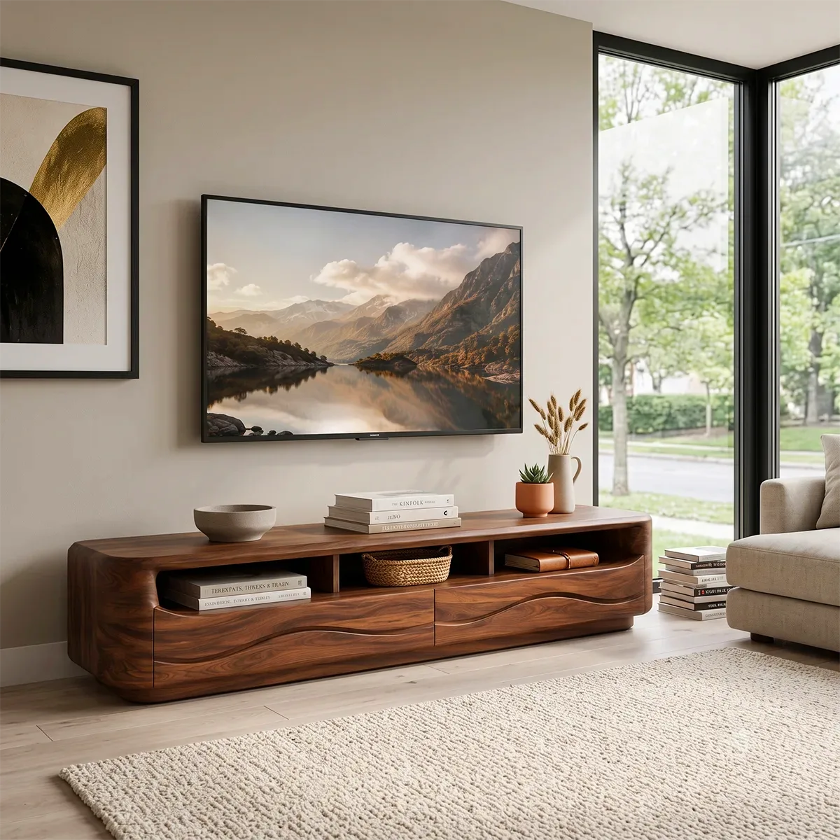 Organic Modern TV Stand with Open Shelves & 2 Drawers | Modern Media Console TT006-6HLG3MY