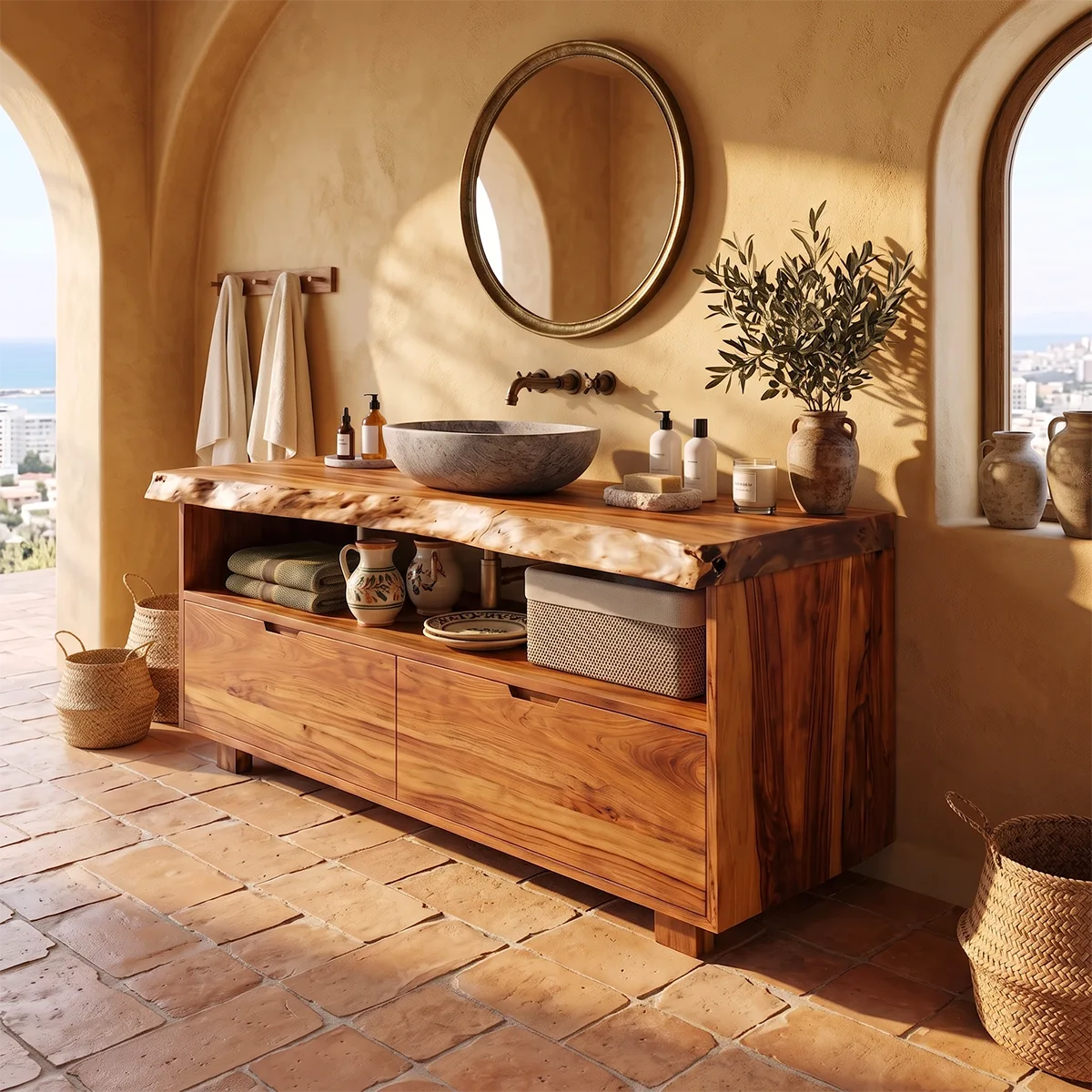 Freestanding Bathroom Vanity with 2 Drawers & Open Shelf | Live Edge Modern Organic Design