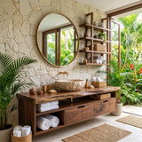 Floating Solid Wood Bathroom Vanity with Drawers & Open Shelves | Wall Mounted Bathroom Vanity with Live Edge Countertop TT006-8CNN1NN