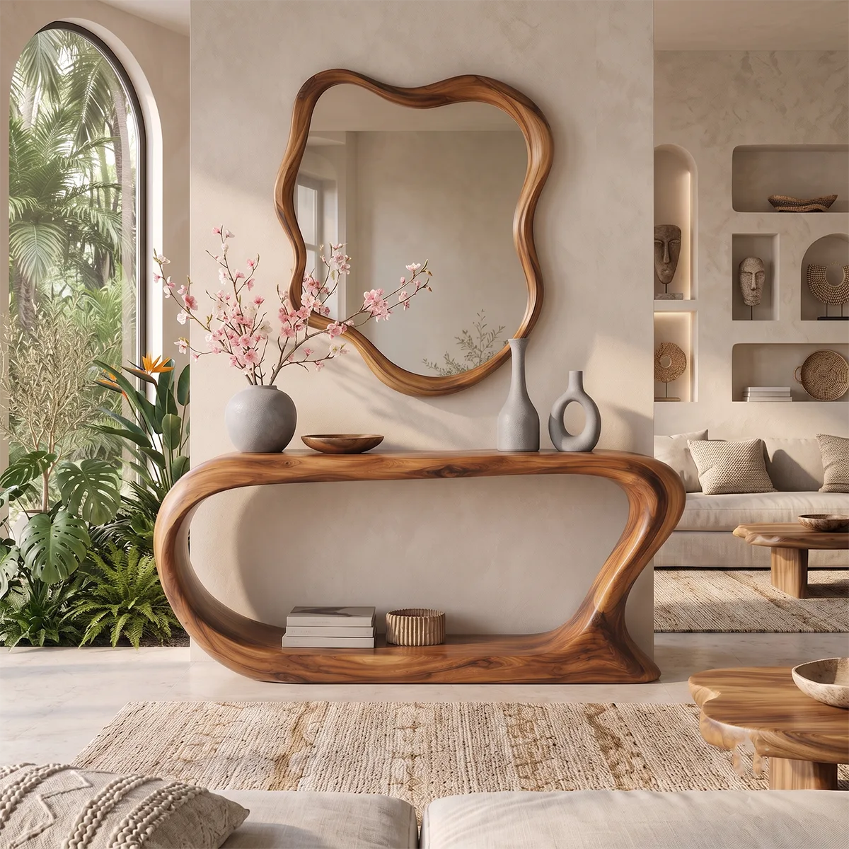 Organic Modern Console Table with Open Shelf & Sculptural Curved Frame for Entryway TT006-6916