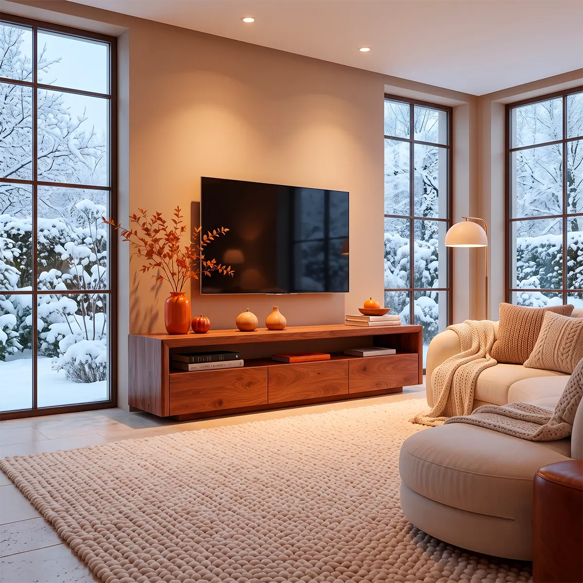 Modern TV Stand with 3 Enclosed Storage Compartments & Long Open Media Shelf