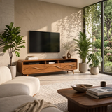 Modern Wave Front TV Stand with 3 Drawers & Open Storage | Curved Entertainment Console