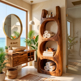 Tall Bathroom Storage Cabinet with Open Compartments & Top Shelf | Sculptural Organic Design