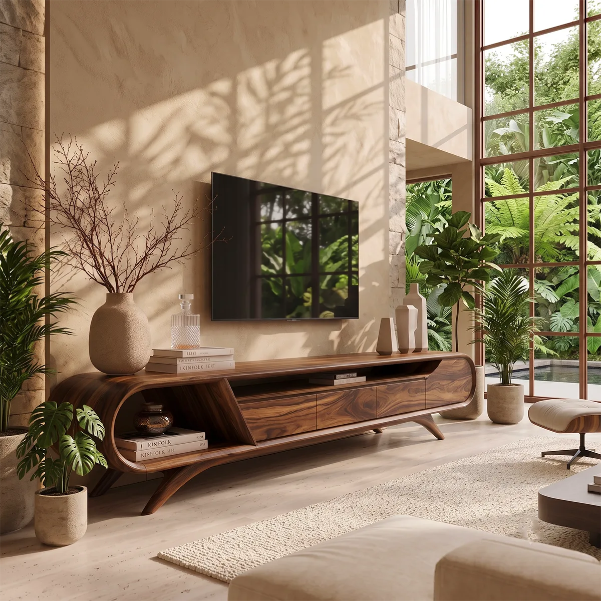 Modern Curved TV Stand with 3 Drawers & Open Storage Areas | Sculptural Media Console