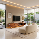 Modern Curved TV Stand with 2 Drawers & 3 Open Storage Areas | Sculptural Media Console