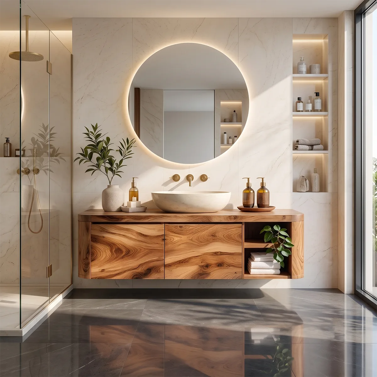 Floating Solid Wood Bathroom Vanity | Wall Mounted Single Sink Vanity with 2 Hinged Cabinets & Open Shelf TT006-6DFI9SI