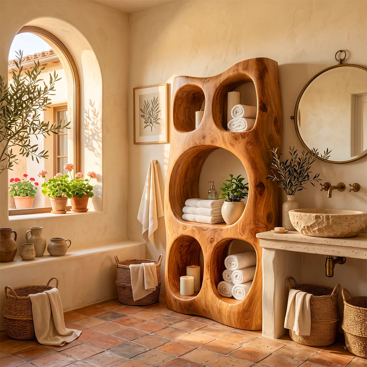 Tall Bathroom Storage Cabinet with Open Shelves | Sculptural Organic Modern Storage Tower