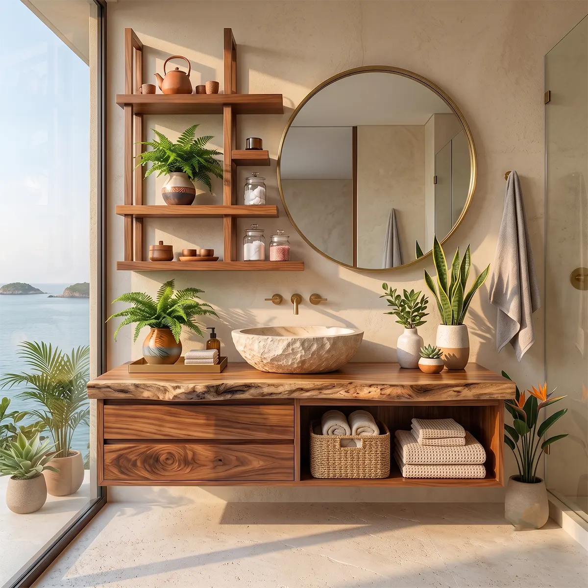 Floating Solid Wood Bathroom Vanity with Drawers & Open Shelf | Wall Mounted Bathroom Vanity with Live Edge Countertop TT006-5OAT6SE