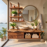 Floating Solid Wood Bathroom Vanity with Drawers & Open Shelf | Wall Mounted Bathroom Vanity with Live Edge Countertop TT006-5OAT6SE