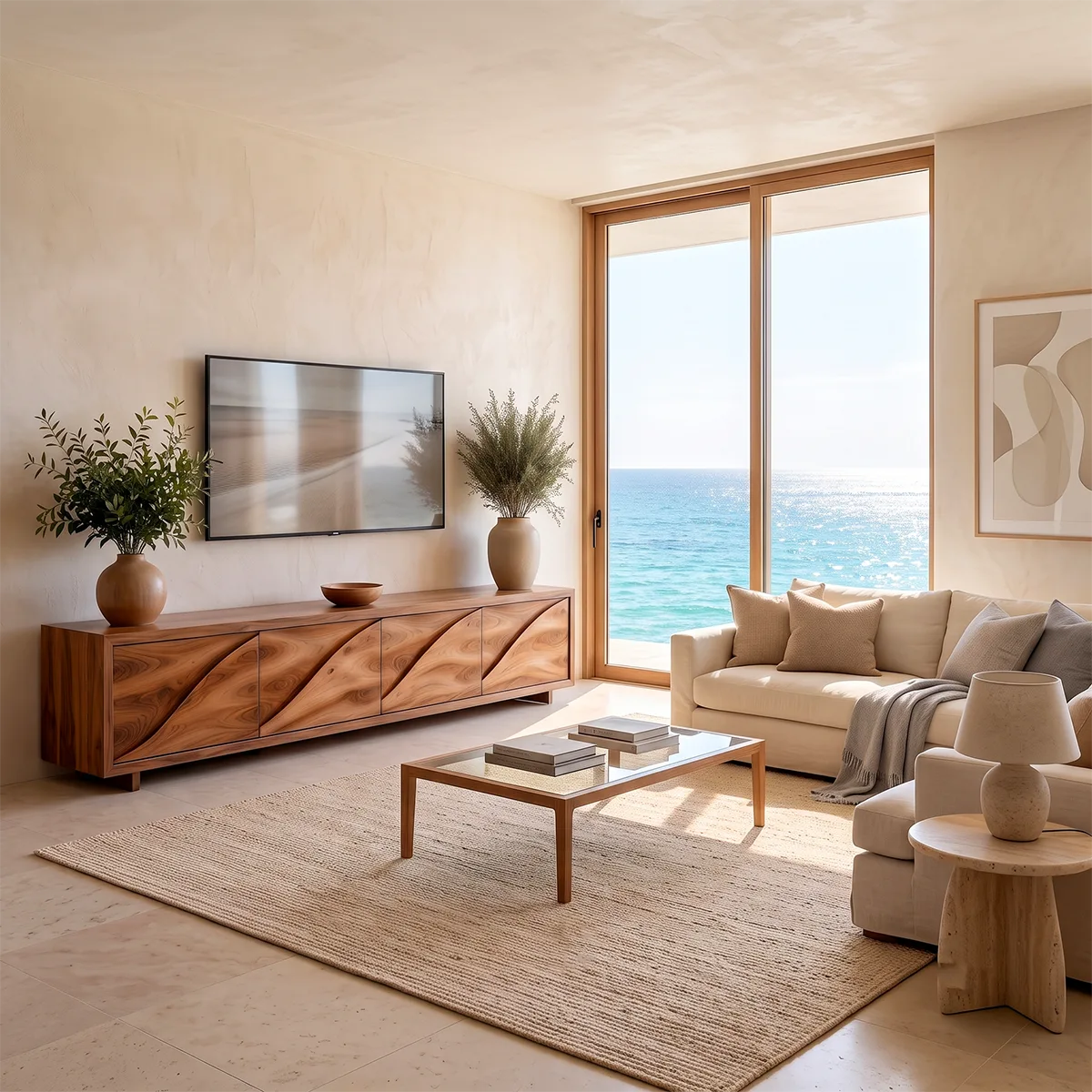 Modern TV Stand with 4 Enclosed Storage Compartments & Sculpted Wave Fronts