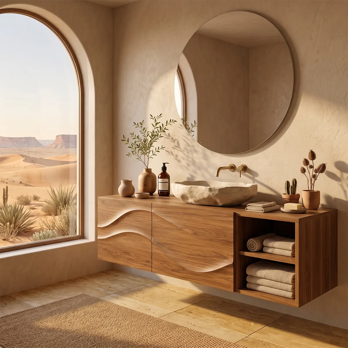 Floating Bathroom Vanity with 2 Doors | Carved Wave Front & Open Storage Shelves