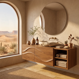 Floating Bathroom Vanity with 2 Doors | Carved Wave Front & Open Storage Shelves