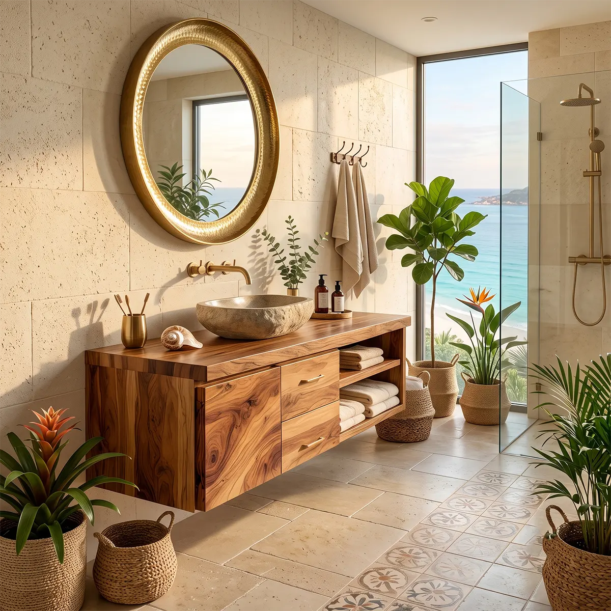 Floating Solid Wood Bathroom Vanity | Live Edge Wood Vanity with Soft-Close Drawers & Open Shelves TT006-1WVD8ID