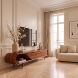 Sculptural Curved TV Stand with 2 Concealed Storage Compartments & Open Shelf | Modern Media Console