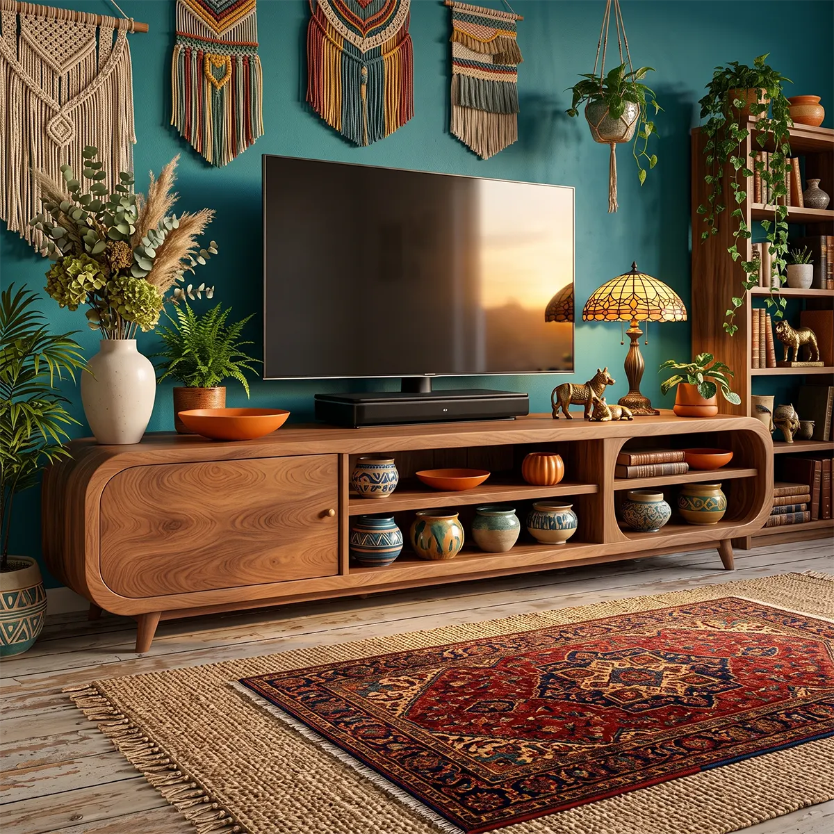 Modern TV Stand with Enclosed Storage & 4 Open Shelves | Curved Media Console