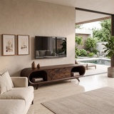 Modern Curved TV Stand with 4 Drawers & 2 Open Shelves | Sculptural Media Console