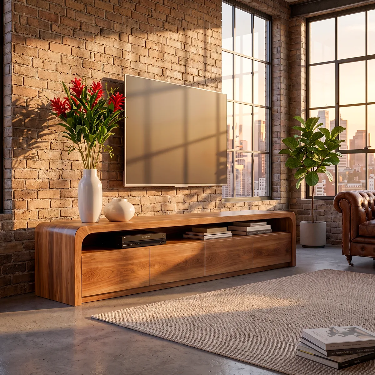 Modern TV Stand with 4 Enclosed Storage Compartments & Long Open Shelf
