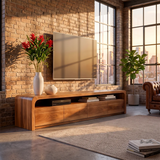 Modern TV Stand with 4 Enclosed Storage Compartments & Long Open Shelf