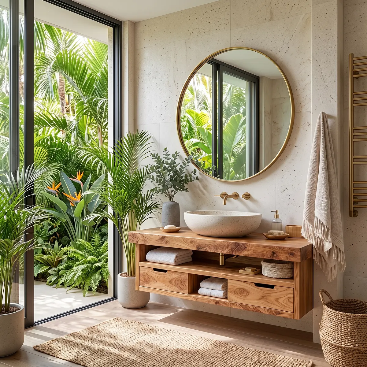 Floating Solid Wood Bathroom Vanity | Modern Bathroom Vanity with Double Drawers and Open Shelf TT006-4876