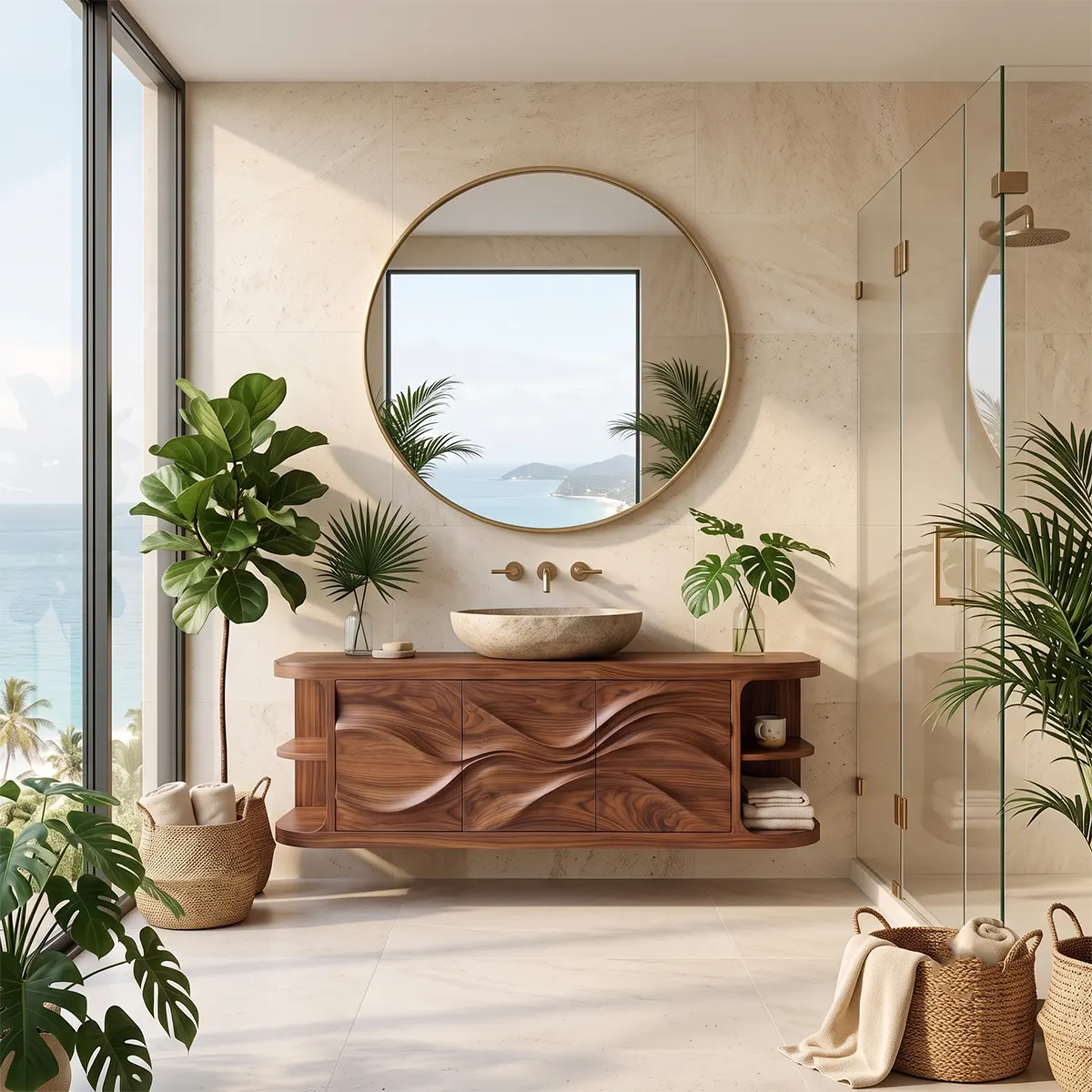 Modern Floating Bathroom Vanity with Wave Carved Doors & Open Shelves | Solid Wood Wall Mounted Bathroom Vanity TT006-8NEC3KF