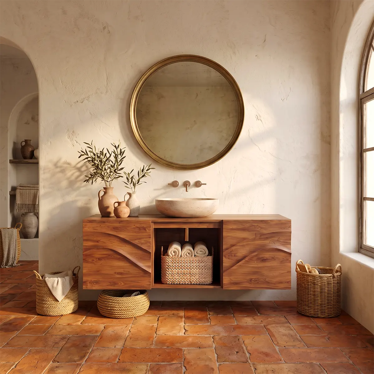 Floating Bathroom Vanity with 2 Sculpted Wave Doors & Center Open Storage Compartment