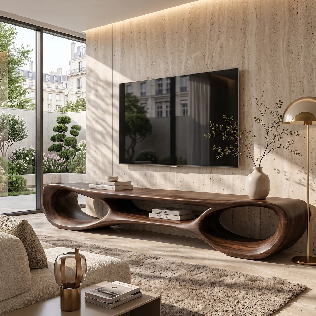 Organic Modern Sculptural TV Stand with Open Storage | Designer Media Console TT006-2PFI5LK