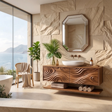 Floating Bathroom Vanity with Sculpted Wave Doors & Open Shelf | Modern Solid Wood Vanity TH003-9MII5QN