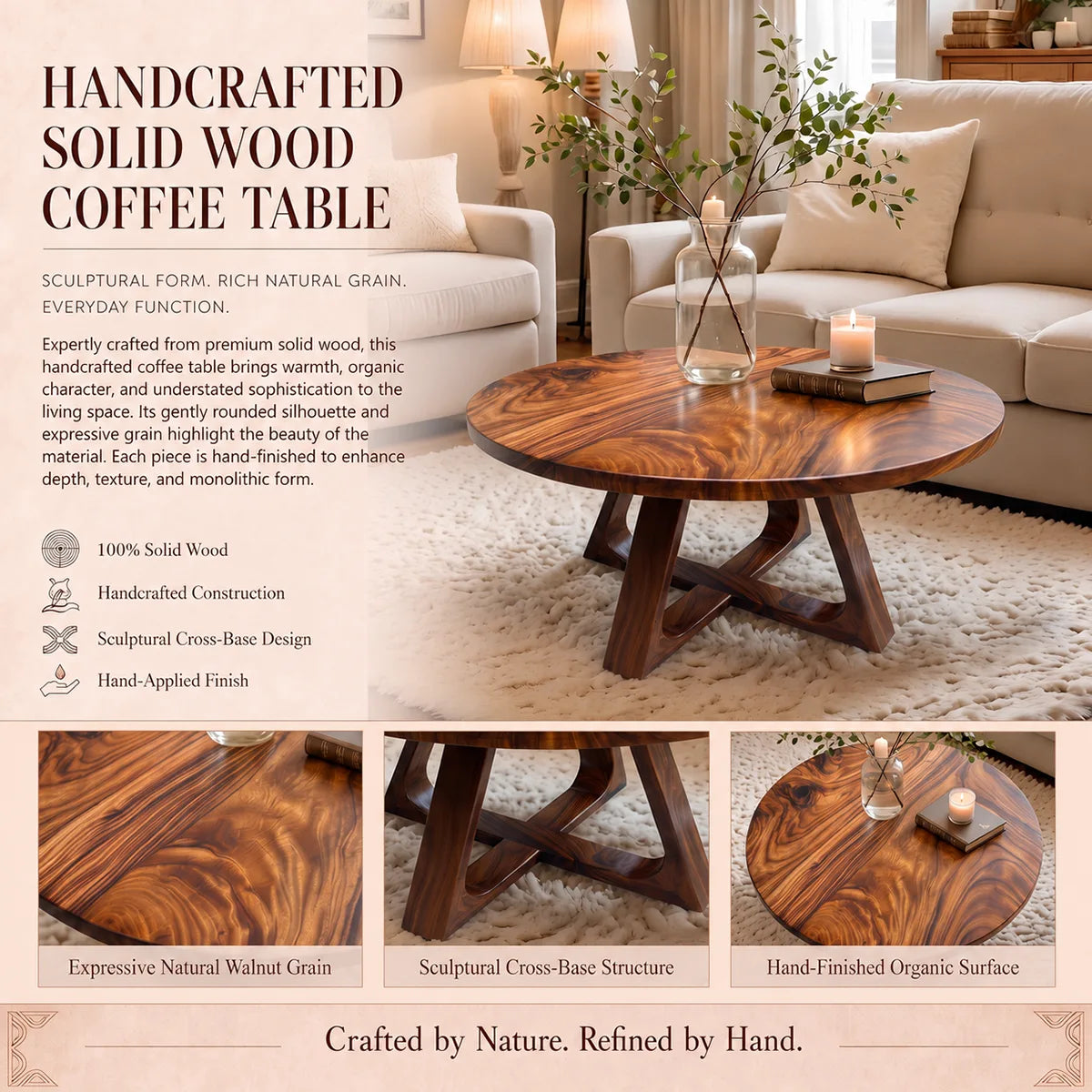 Round Wood Coffee Table with Sculptural Geometric Base | Modern Organic Center Table