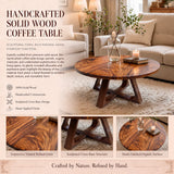Round Wood Coffee Table with Sculptural Geometric Base | Modern Organic Center Table