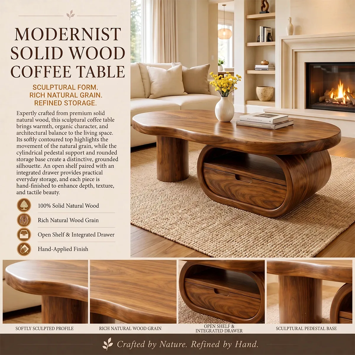 Organic Wood Coffee Table with Drawer and Open Shelf | Sculptural Oval Living Room Center Table