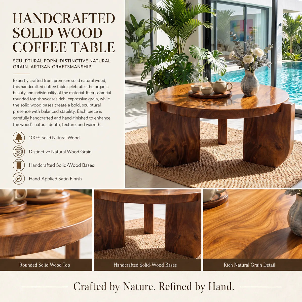 Modern Round Coffee Table with 3 Sculptural Panel Legs | Organic Contemporary Living Room Table