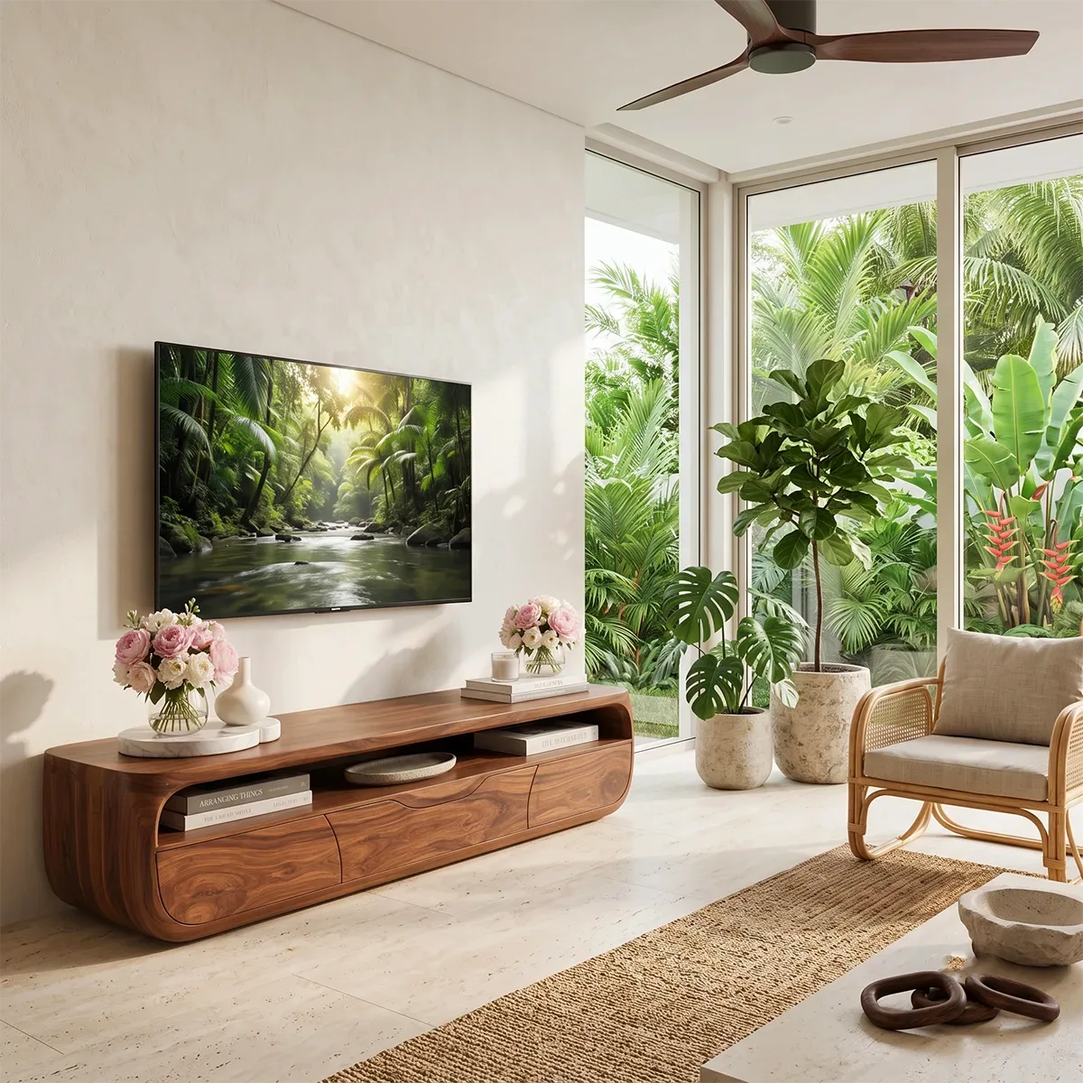 Modern TV Stand with Open Display Shelf & Storage Drawers TT006-5QMV1KJ