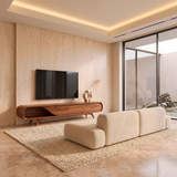 Sculptural Curved TV Stand with 2 Concealed Storage Compartments & Open Shelf | Modern Media Console