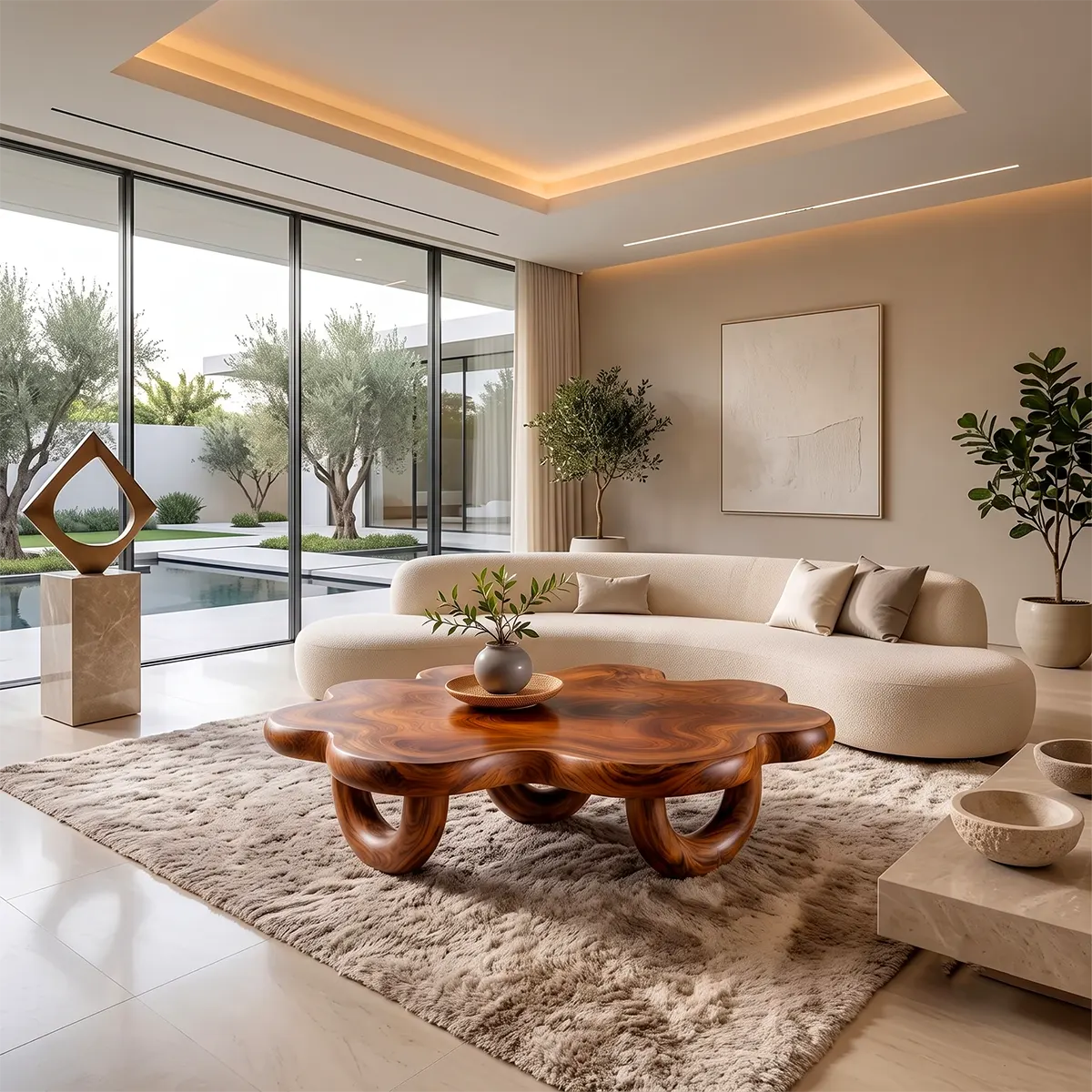 Organic Solid Wood Coffee Table | Sculptural Flower-Shaped Modern Center Table TT006-3040