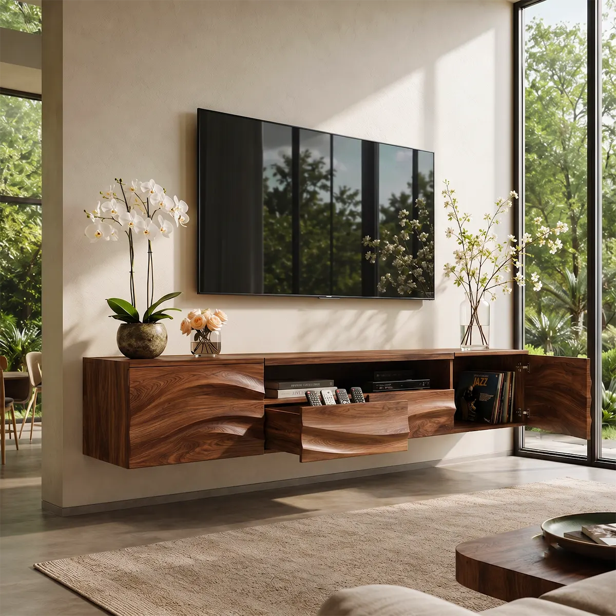 Organic Modern Floating TV Stand with Dual Cabinets, Open Shelf & Double Drawers TT006-5QDJ5ZW