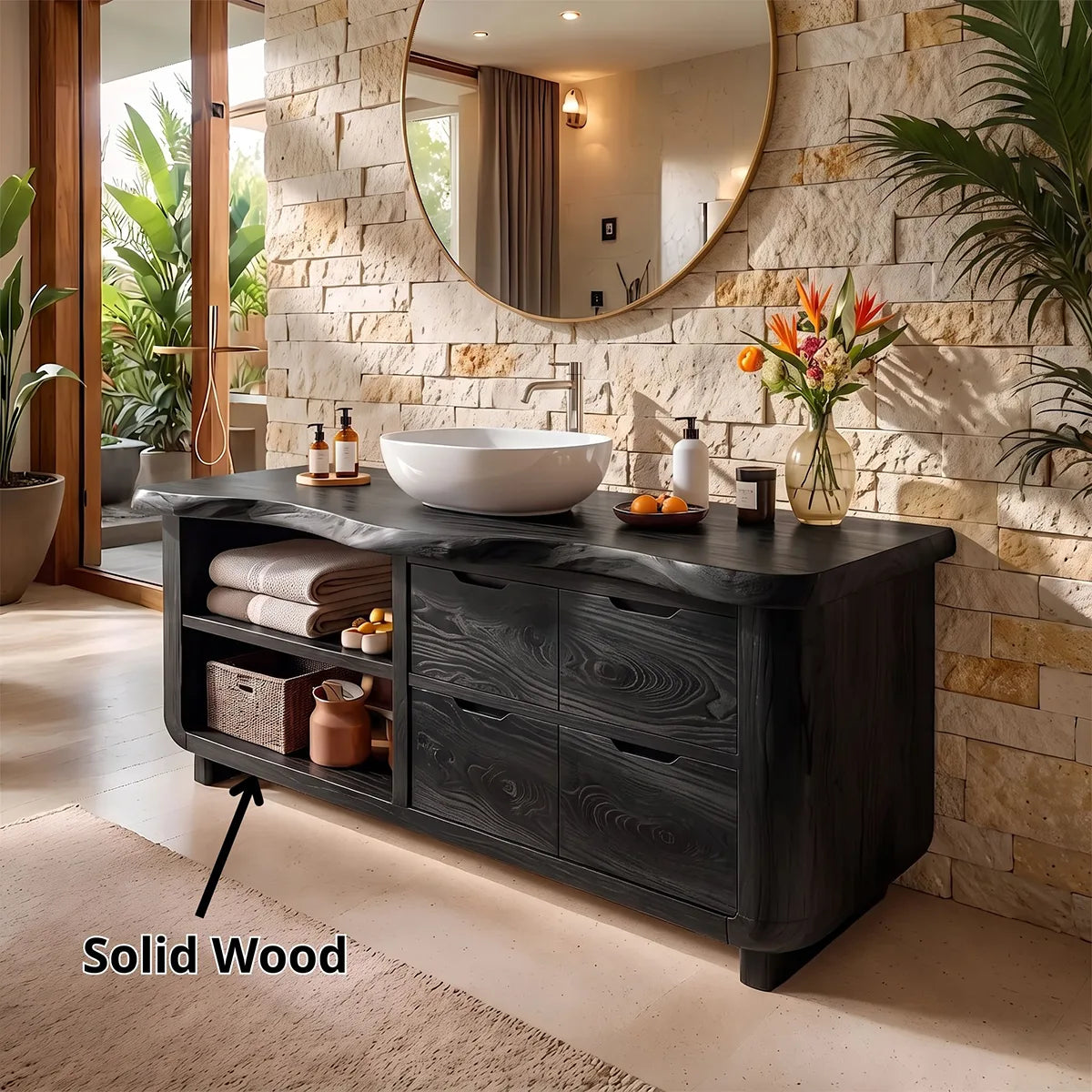 Organic Live Edge Bathroom Vanity with Open Shelving & Storage Drawers TH003-2XFK6JI