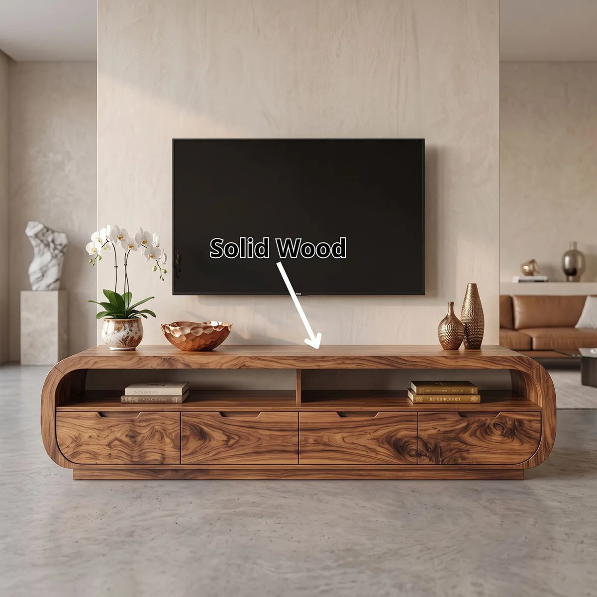 Rounded TV Stand with 4 Drawers & Open Shelves | Modern Media Console