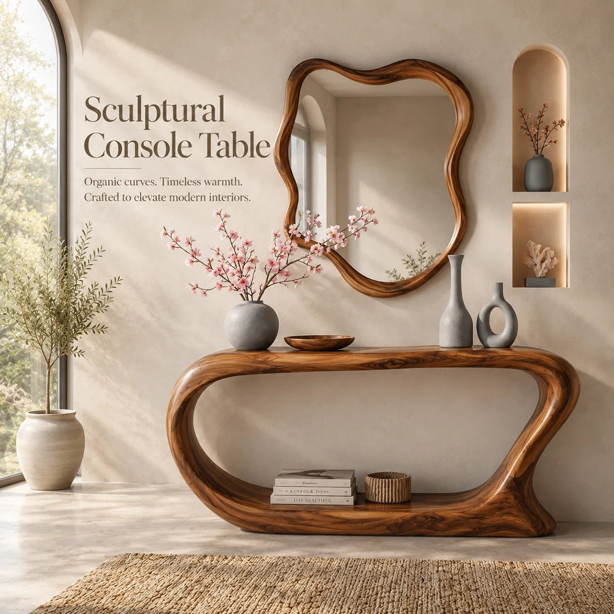 Organic Modern Console Table with Open Shelf & Sculptural Curved Frame for Entryway TT006-6916