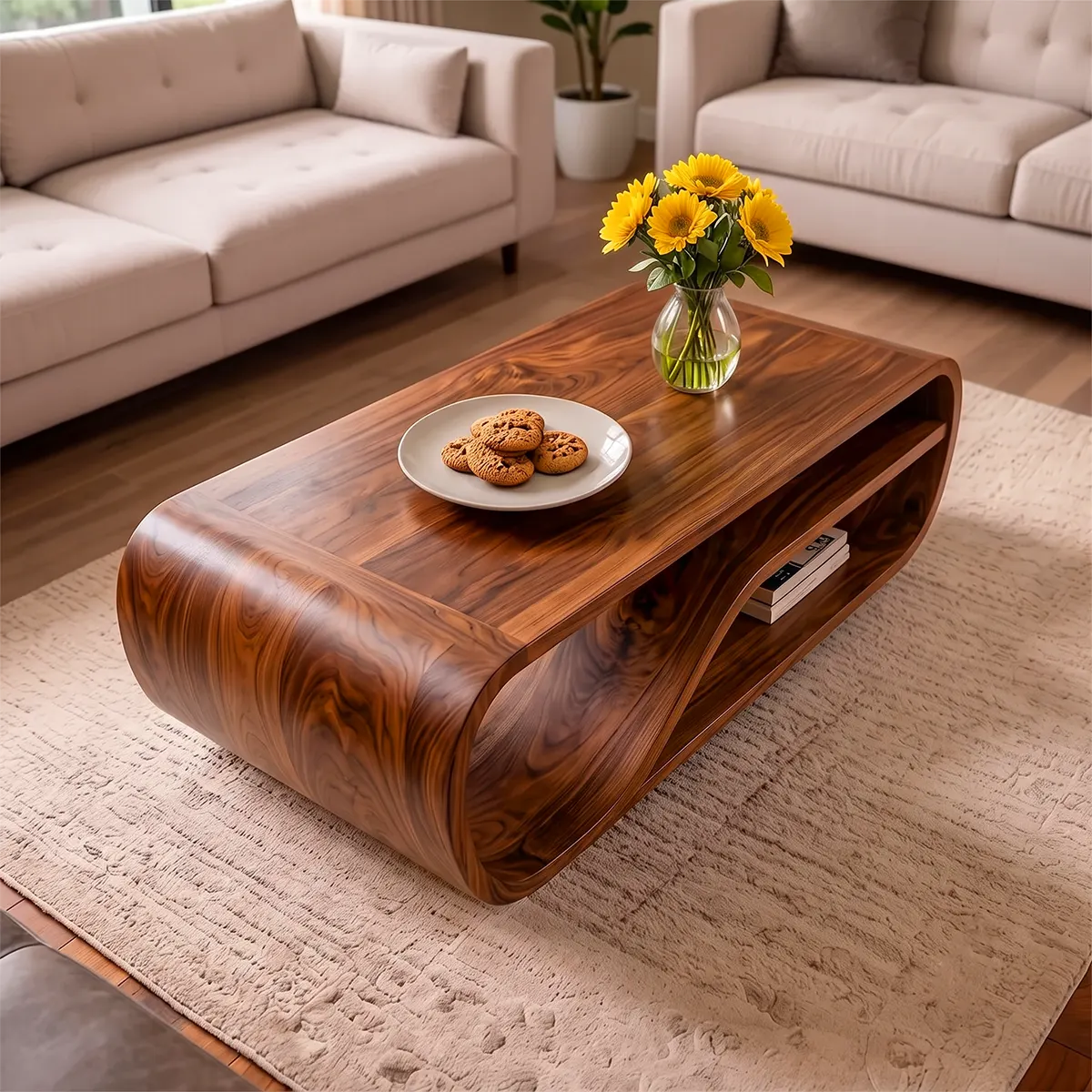 Curved Solid Wood Coffee Table with Storage | Modern Sculptural Living Room Center Table TT006-2757