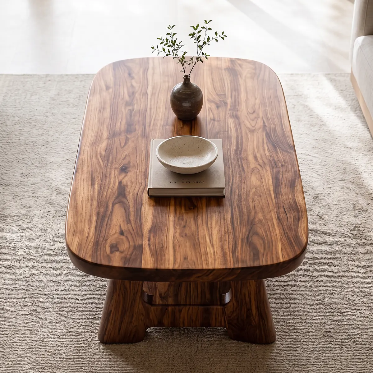 Solid Wood Coffee Table with Storage Shelf | Modern Organic Living Room Table TT006-5345