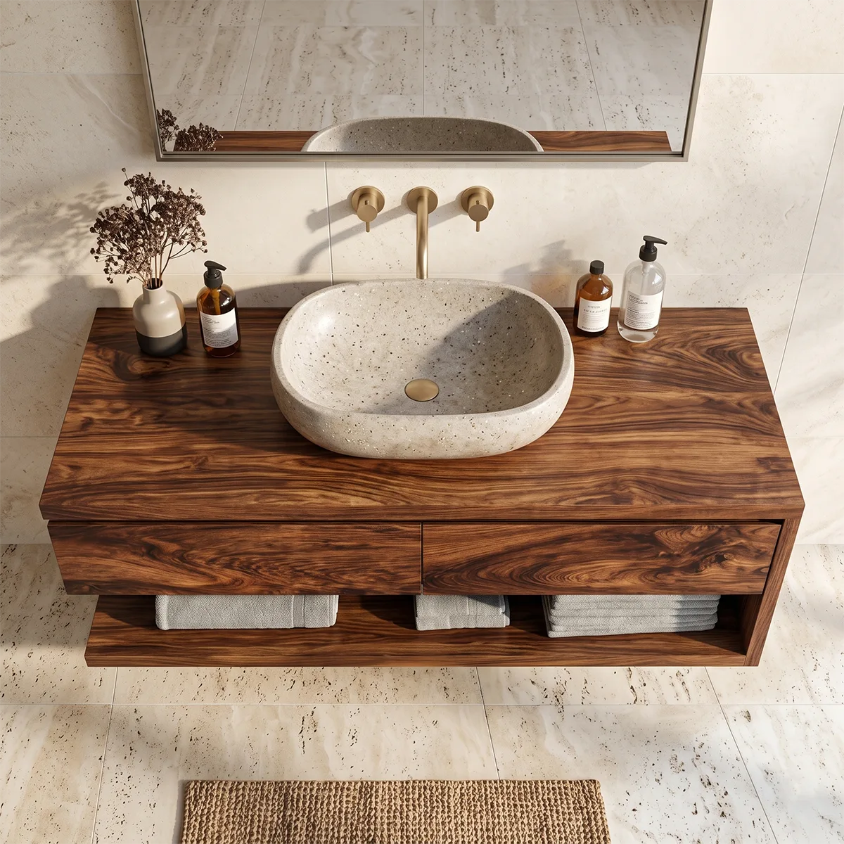 Floating Bathroom Vanity with 2 Drawers & Open Shelf | Modern Minimalist Wall Mounted Design