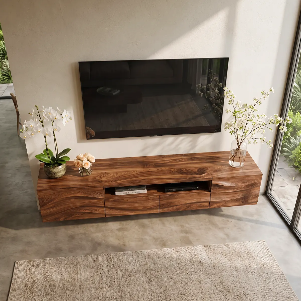 Organic Modern Floating TV Stand with Dual Cabinets, Open Shelf & Double Drawers TT006-5QDJ5ZW