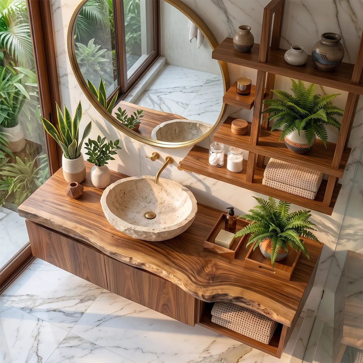 Floating Solid Wood Bathroom Vanity with Double-Door Cabinet & Open Shelf | Wall Mounted Live Edge Bathroom Vanity TT006-4KRU4XR