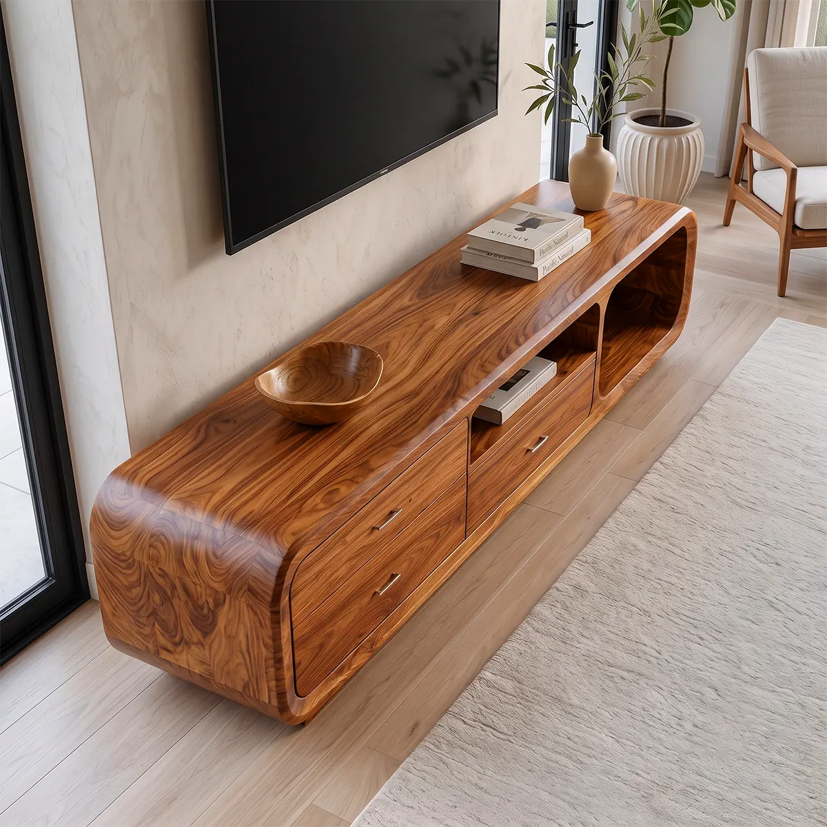 Modern Curved TV Stand with 3 Drawers & Open Media Storage | Sculptural Low Profile Entertainment Console