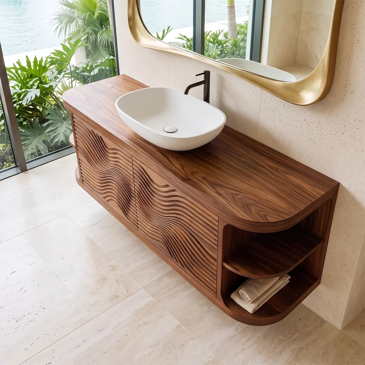 Floating Solid Wood Bathroom Vanity with Double-Door Cabinet & Open Shelves | Wall Mounted Bathroom Vanity with Wave Carved Doors TT006-3MZX2XI