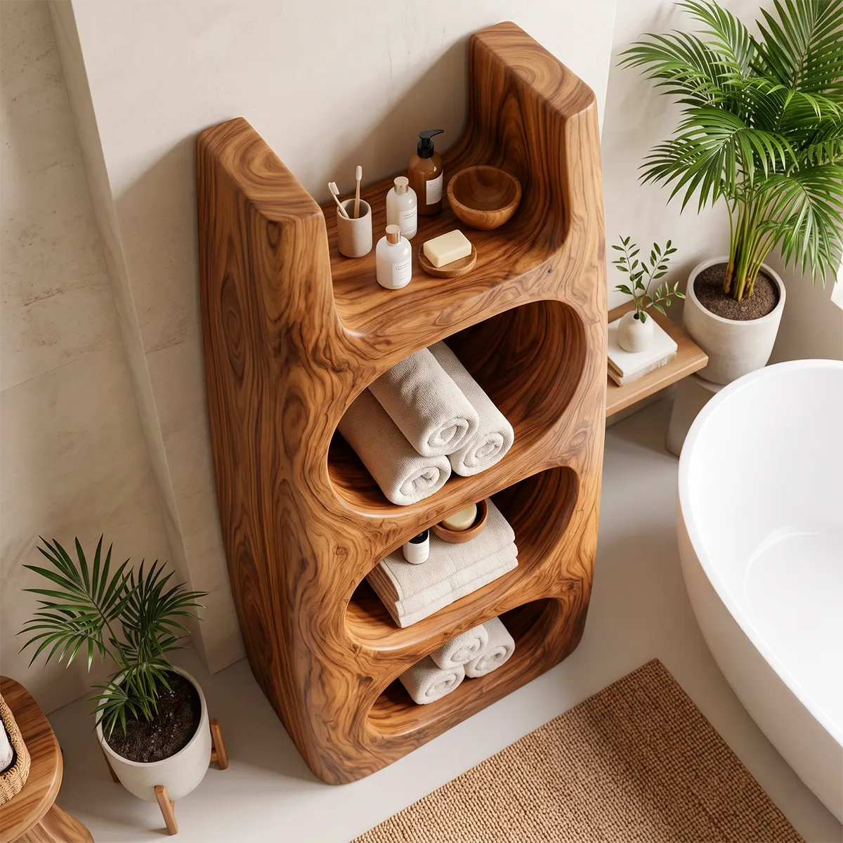 Tall Bathroom Storage Cabinet with Open Compartments & Top Shelf | Sculptural Organic Design